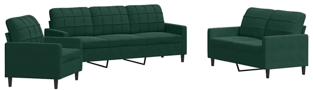 3278353 vidaXL Комплект дивани от 3 части с възглавници, тъмнозелен, кадифе