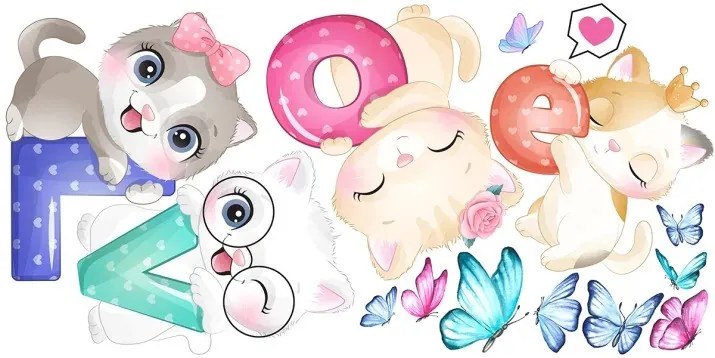 Стикер за стена за момичета котенца с надпис LOVE 100 x 200 cm