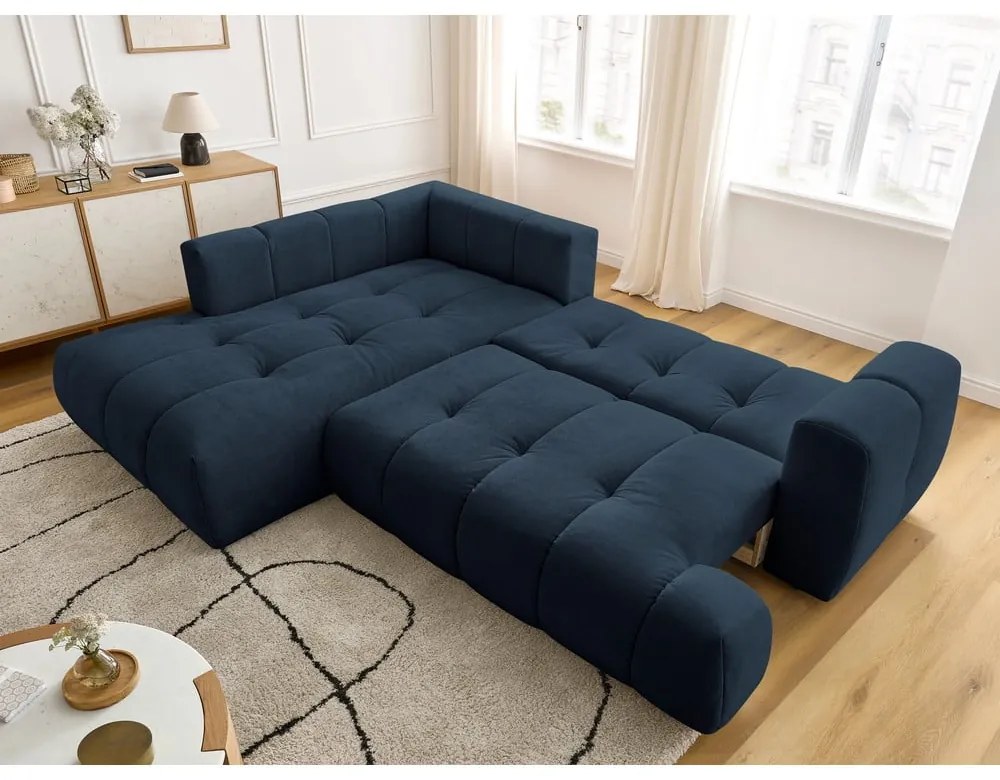 Тъмносин сгъваем/с място за съхранение ъглов диван (ляв ъгъл/L форма) Fuji – Bobochic Paris