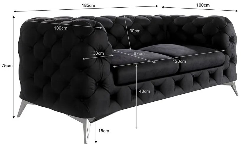 Черен кадифен диван 185 cm Chelsea – Ropez
