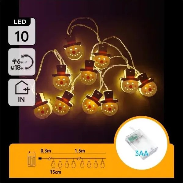 Aigostar - LED коледен гирлянд 10xLED/3xAA 1,5m, топло бяло, снежен човек