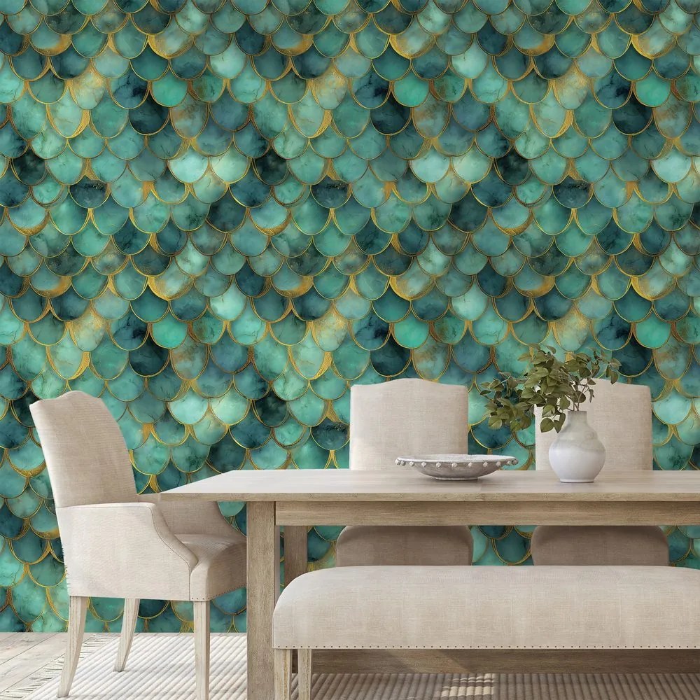 Самозалепващ тапет – Зелени морски люспи със златен оттенък