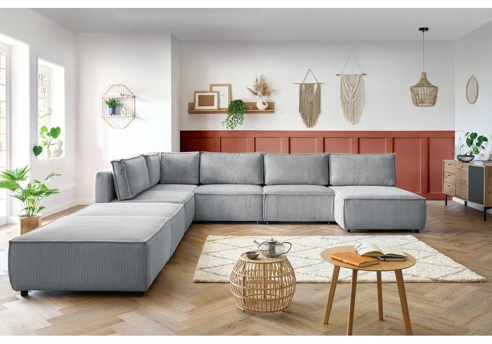 Светлосив променлив велурен U-образен ъглов диван Nihad modular - Bobochic Paris
