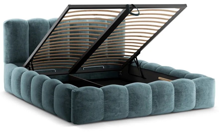 Синьо тапицирано двойно легло с място за съхранение с включена подматрачна рамка 200x200 cm Lupine – Micadoni Home