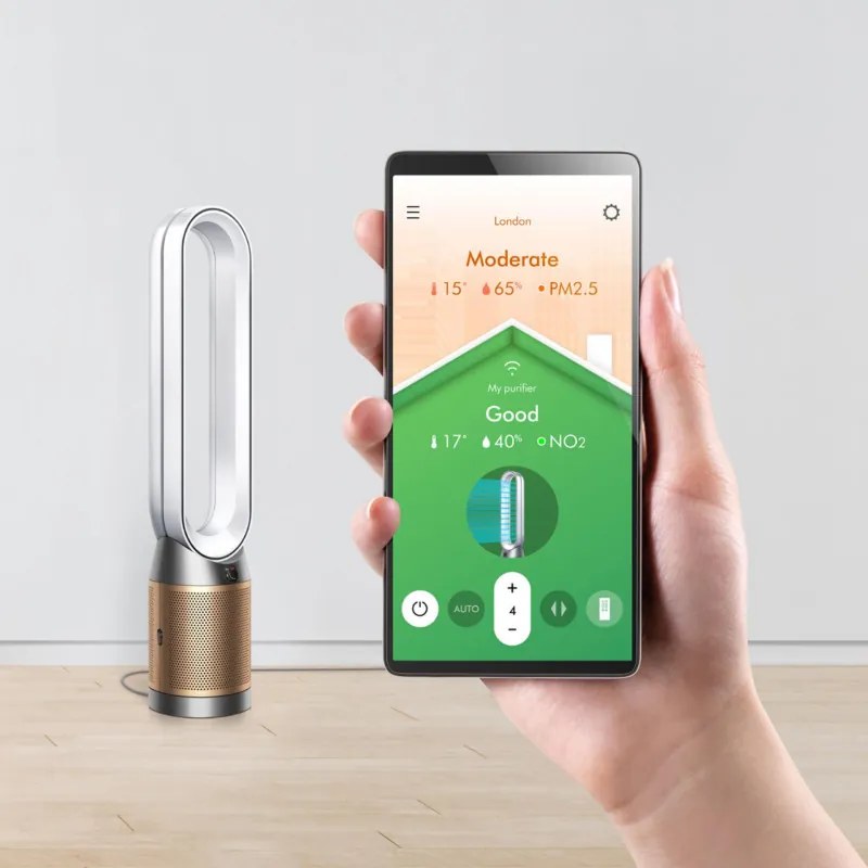 Пречиствател на въздух 2в1 Dyson PC2 De-NOx TP12 Wh/Gd, Охладител, 40W, До 40 м2, 10 скорости, Осцилация, HEPA+К-Carbon, Wi-Fi, LCD, Гласово управление, Бял/златист
