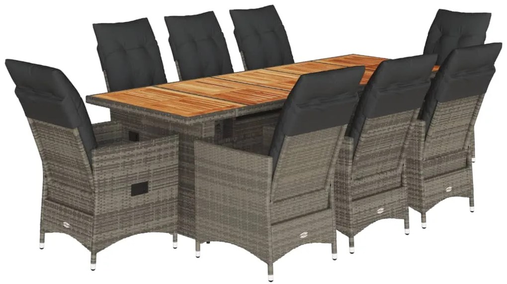 3277237 vidaXL Градински бистро комплект с възглавници 9 части сив полиратан