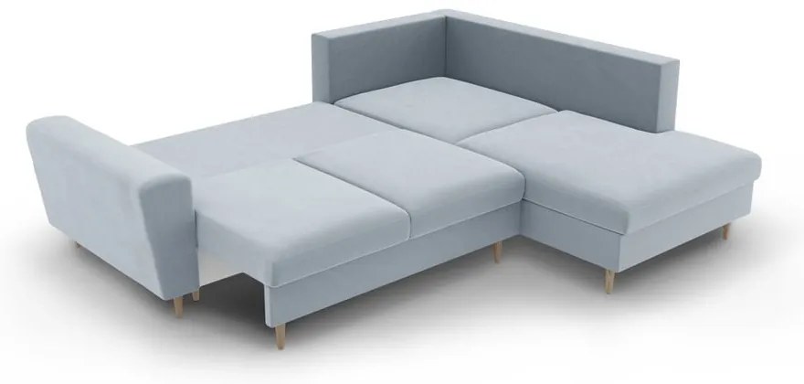 Светлосин кадифен разтегателен ъглов диван с място за съхранение (десен ъгъл/L форма) Kyoto – Cosmopolitan Design