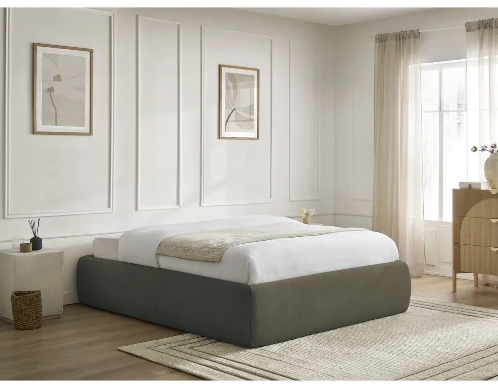 Тъмнозелено тапицирано двойно легло без табла с място за съхранение и включена подматрачна рамка 180x200 cm Inera – Bobochic Paris