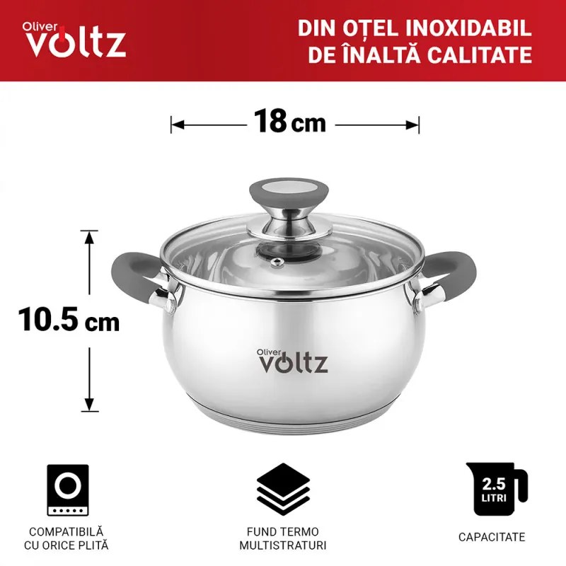 Тенджера Oliver Voltz OV51210N18, 18см, 2.5 л, Индукция, Силиконови дръжки, Инокс/сив