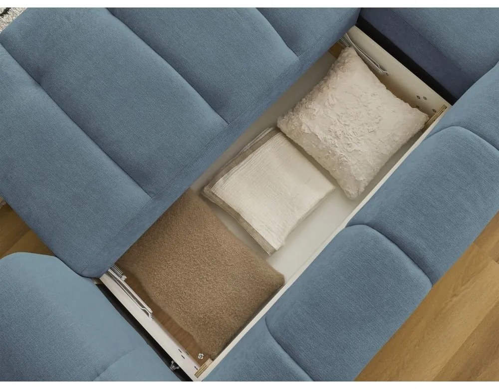 Син сгъваем/с място за съхранение ъглов диван (ляв ъгъл) Fuji – Bobochic Paris