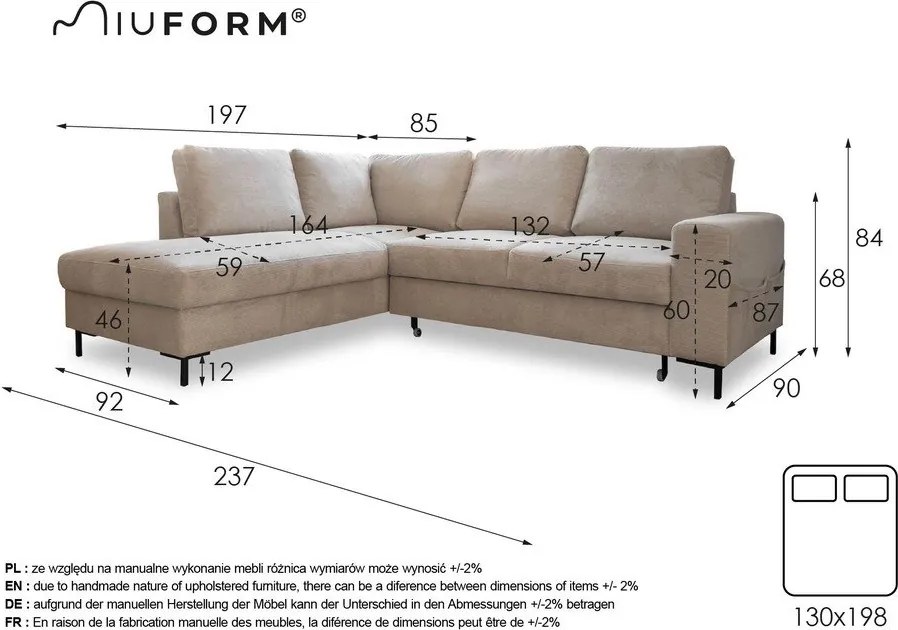 Сив разтегателен ъглов диван от рипсено кадифе (ляв ъгъл) Lofty Lilly – Miuform