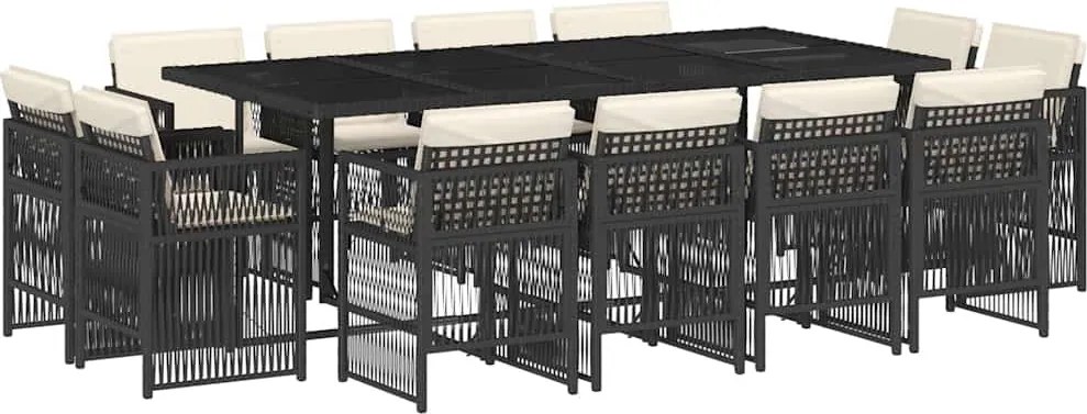 3211038 vidaXL Външен трапезен комплект 13 части с възглавници черен полиратан