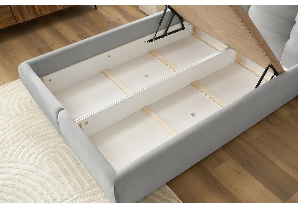 Светлосиво тапицирано двойно легло с място за съхранение с решетка 160x200 cm Clothilde - Bobochic Paris