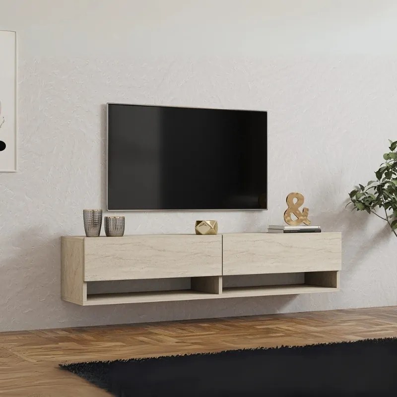 Стенен ТВ шкаф Arges от меламин – цвят травертин 140×29.6×30 см