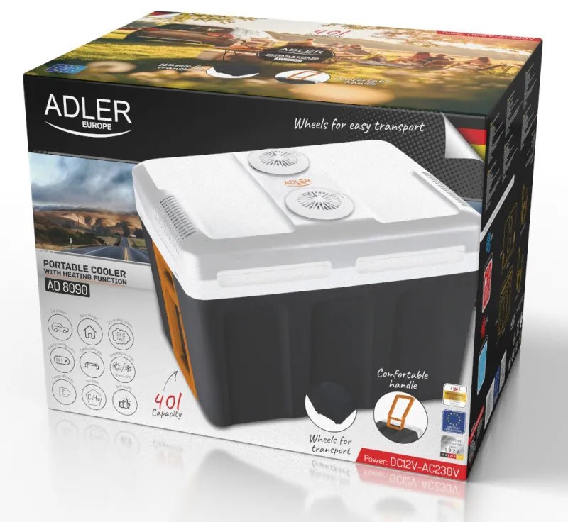 Хладилна кутия Adler AD 8090, 40 л, 58 W, 12/220/240V, Климатичен клас N, Специална изолация C5H10, Сив