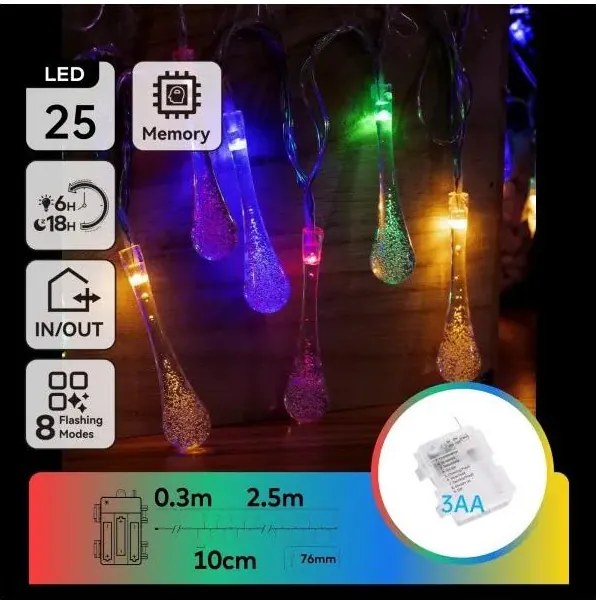 Aigostar - LED RGBY Външна коледна гирлянда 25xLED/8 функции 3xAA 2,5m IP44 капки