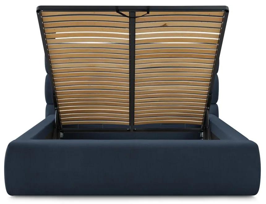 Тъмносиньо тапицирано двойно легло с място за съхранение с решетка 180x200 cm Jagna - Bobochic Paris