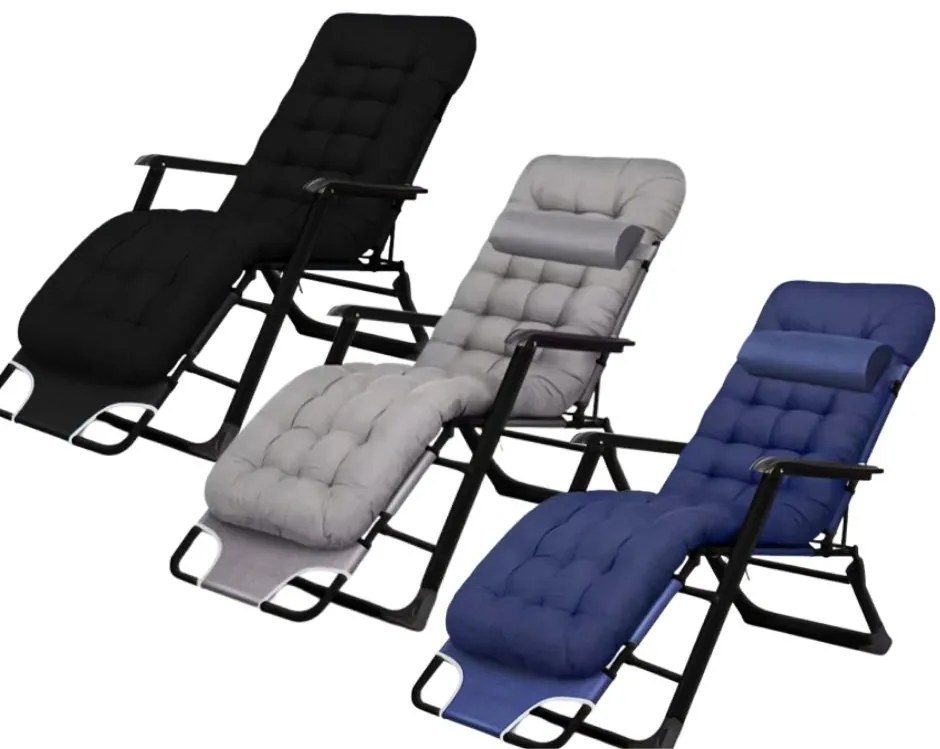 Градински шезлонг с черна рамка и възглавница Син