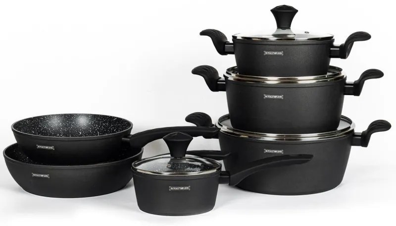 Комплект тенджери и тигани Royalty Line FD10, 10 части, Лят алуминий, Greblon мраморно покритие, Индукция, Черен