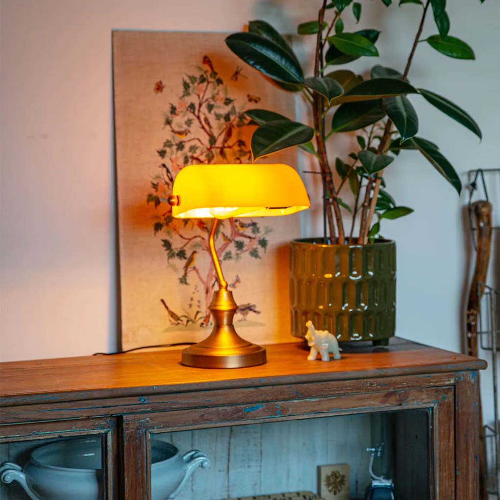 Класическа нотариална лампа бронз с кехлибарено стъкло - Banker