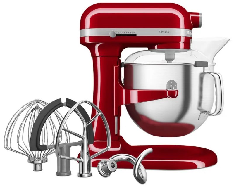 Планетарен миксер KitchenAid Artisan 5KSM70SHXEER, 375 W, 6.6 л, 11 скорости, 67 точки на допир, Повдигане на купата, Специална скорост Fold, Flex Edge, Червен