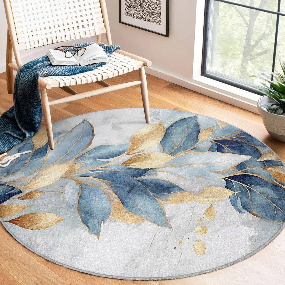 Синьо-златист кръгъл килим подходящ за пране ø 100 cm Golden Leaves – Mila Home