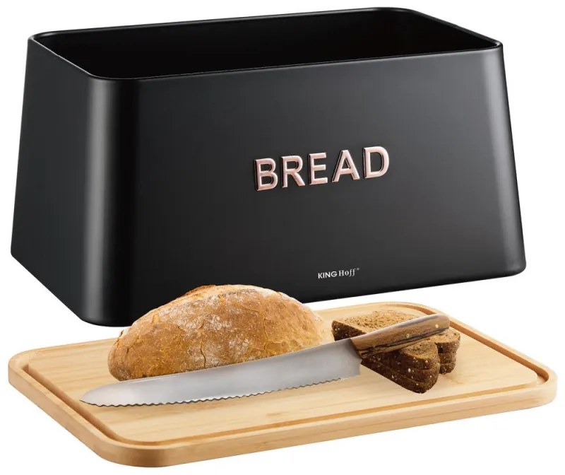 Кутия за хляб с капак за рязане Kinghoff KH 1948, 35 см, Бамбук, Стомана, Черен