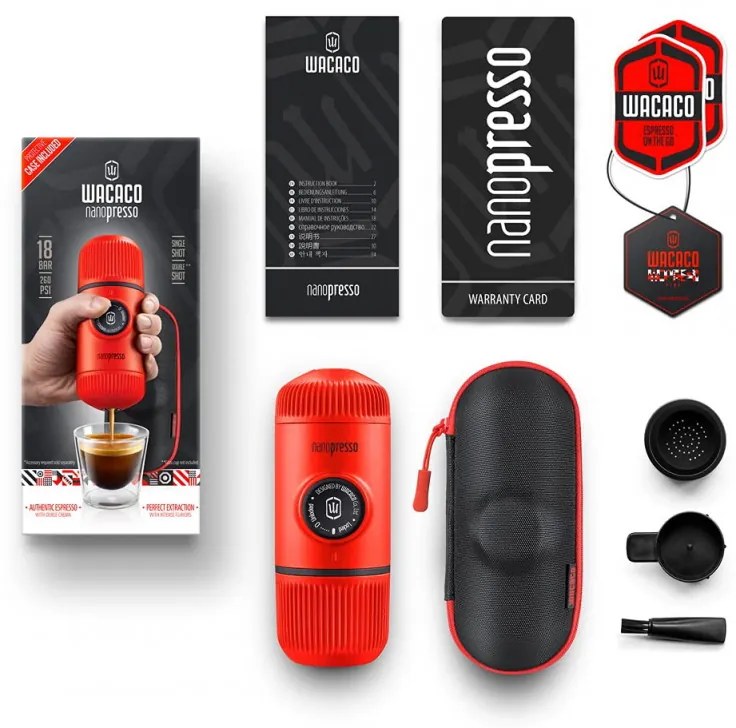 Преносима еспресо машина Wacaco Nanopresso Lava Red, 18bar, 80 мл, За мляно кафе, Без необходимост от зареждане и батерии, Калъфче, Червен