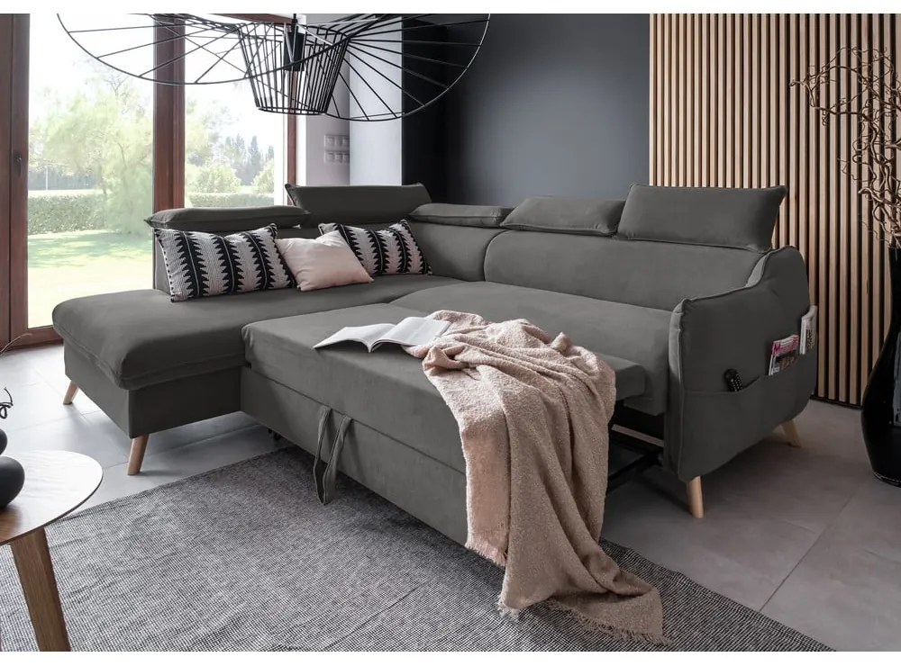 Тъмносив ъглов разтегателен диван от кадифе (ляв ъгъл) Sweet Harmony - Miuform