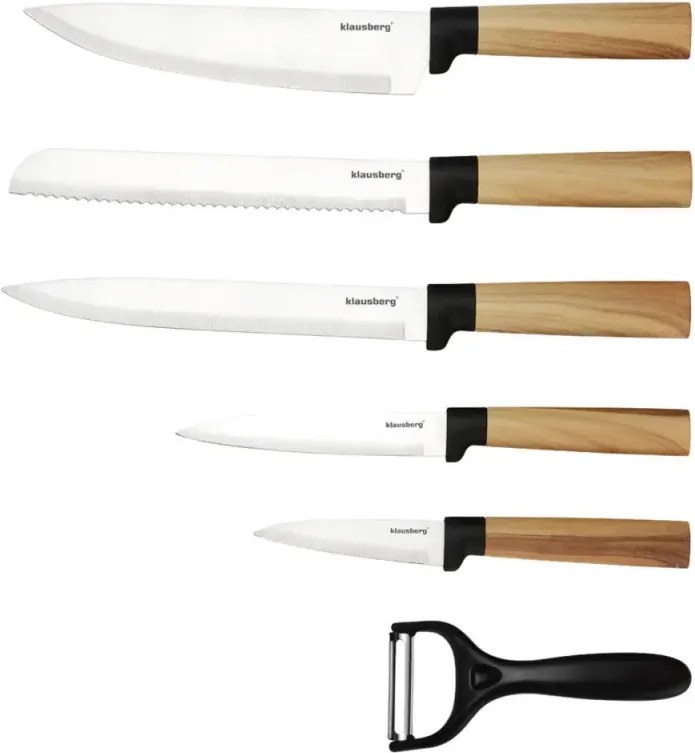 Комплект кухненски ножове Klausberg KB 9036, 7 ч, Неръждаема стомана, Дървесен ефект, Стойка, Кафяв