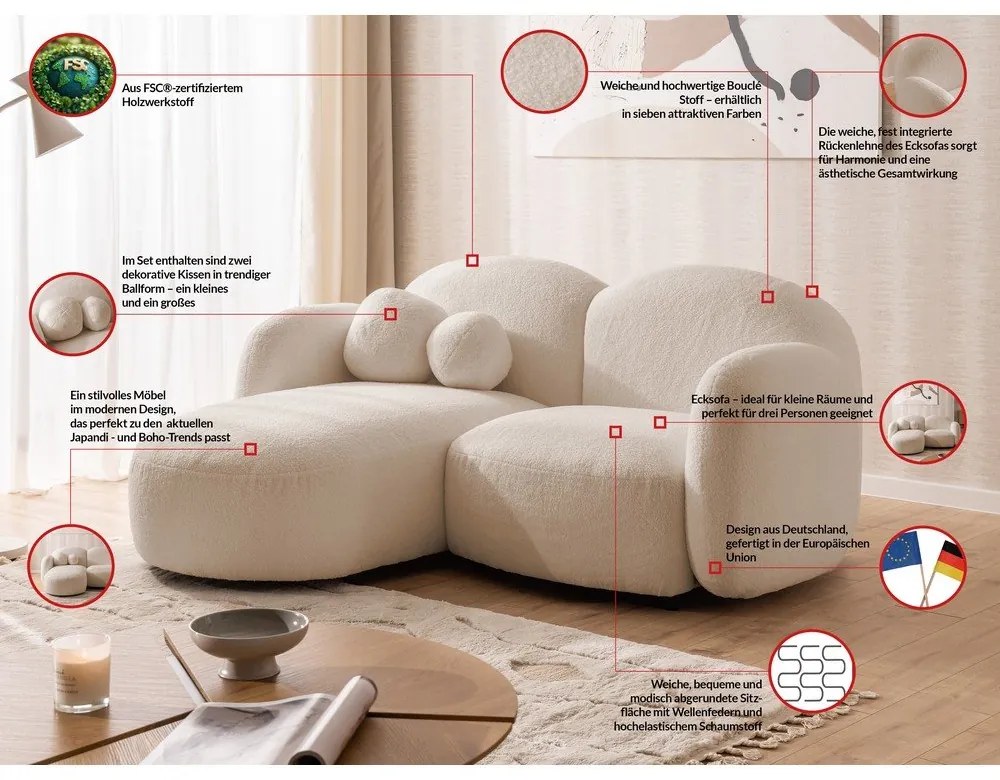 Светлокафяв ъглов диван от прежда с примки от букле (ляв ъгъл) Orbit – Ropez