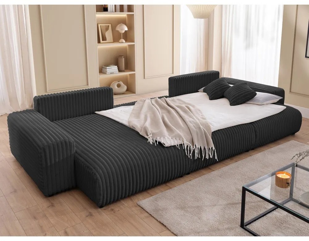 Тъмносив разтегателен ъглов диван с място за съхранение от рипсено кадифе (U форма) Sarina – Ropez