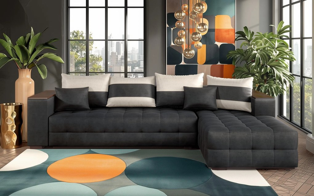 Разтегателен ъглов диван с подлакътник етажерка Мелвин