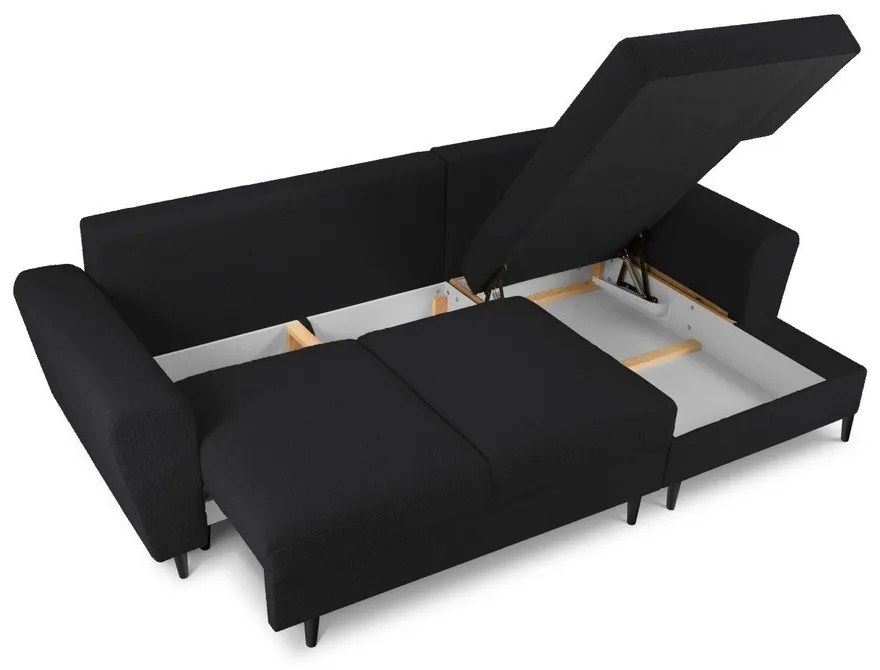 Черен разтегателен ъглов диван с място за съхранение от прежда с примки от букле (десен ъгъл) Kyoto – Cosmopolitan Design