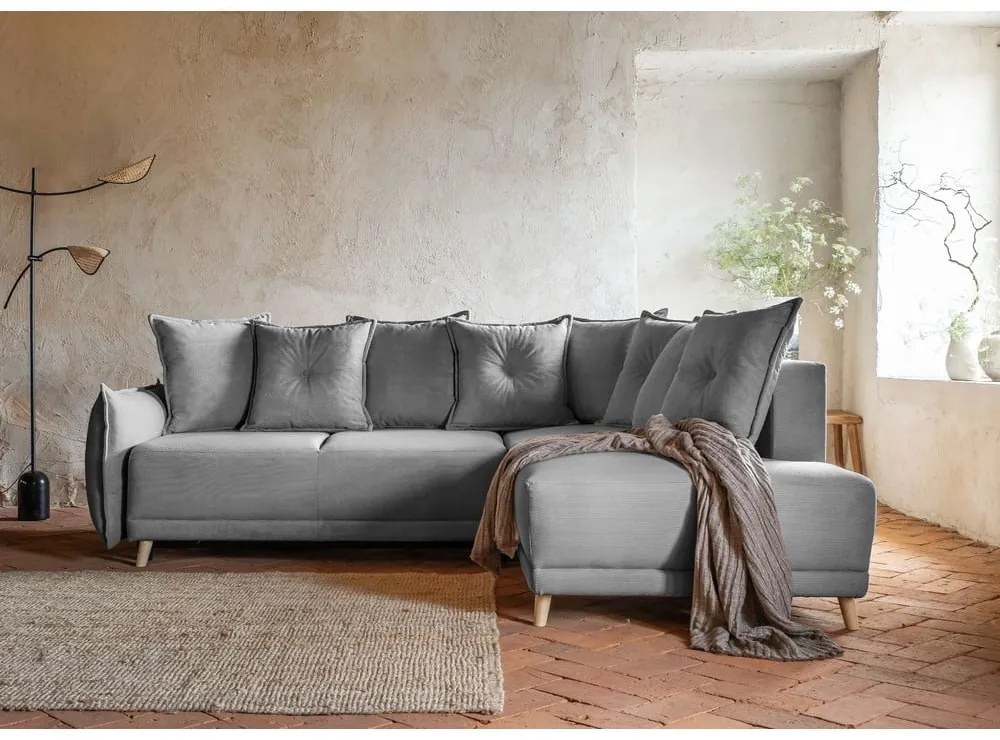 Сив велурен разтегателен диван (десен ъгъл) Lazy Lukka - Miuform