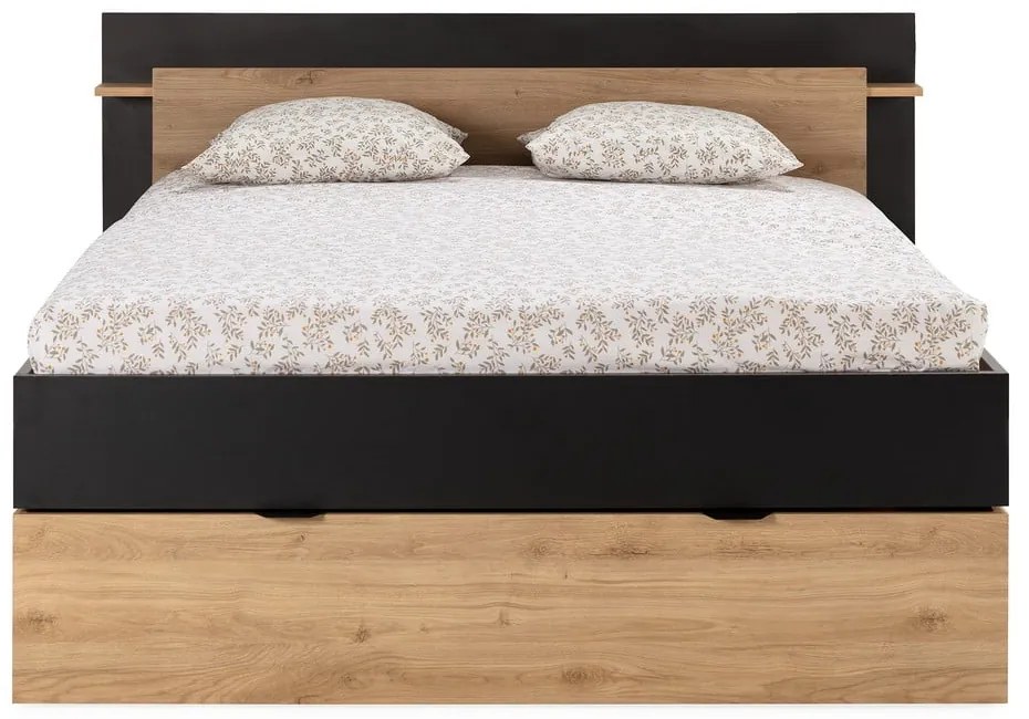 Черно-естествено двойно легло 160x200 cm от декор от дъб с място за съхранение без ламелно дъно Albo – Marckeric