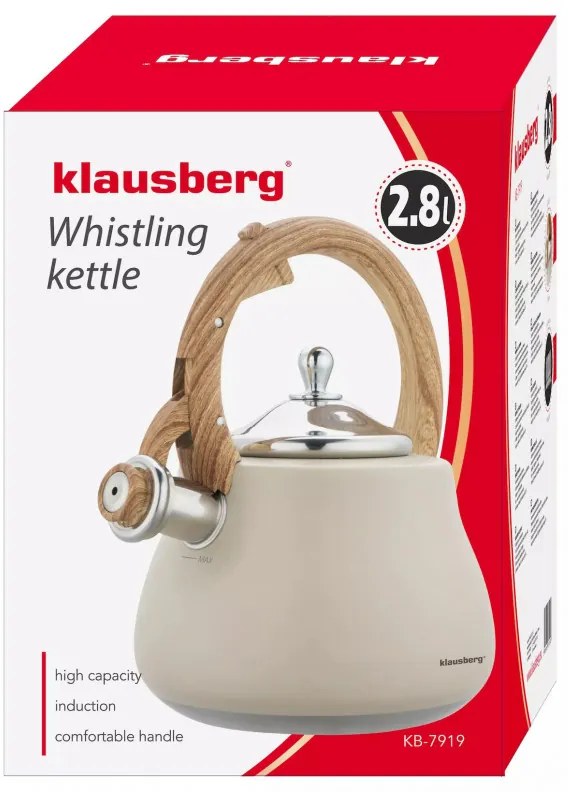 Свирещ чайник Klausberg KB 7919, 2.8 л, Топлоизолирана дръжка, Индукция, Бежов