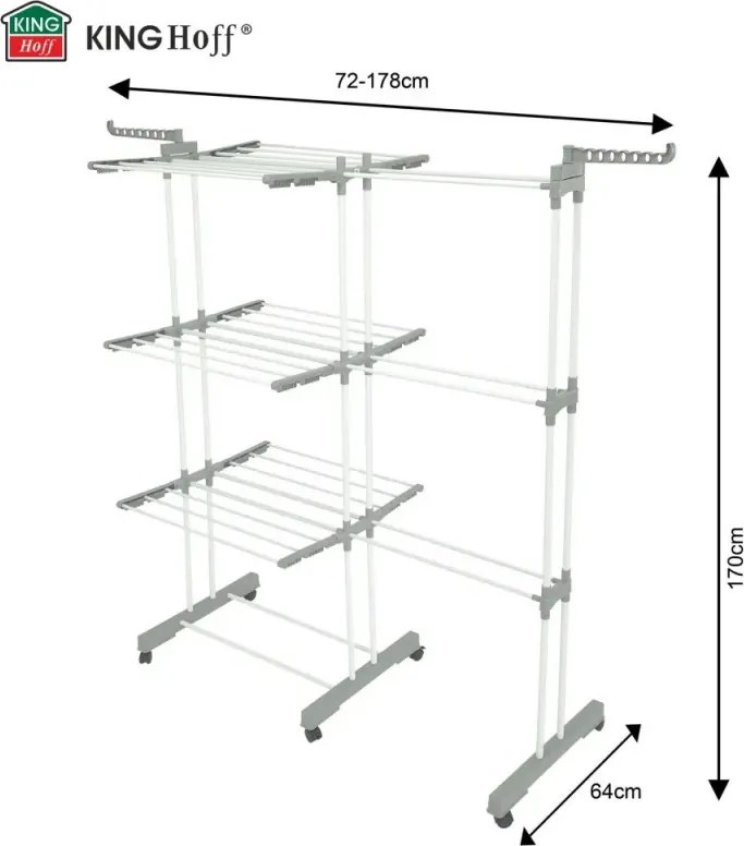 Сушилник за дрехи Kinghoff KH 2044, 30 м, До 30 кг, 3 нива, Колелца, Стомана, Бял/сив