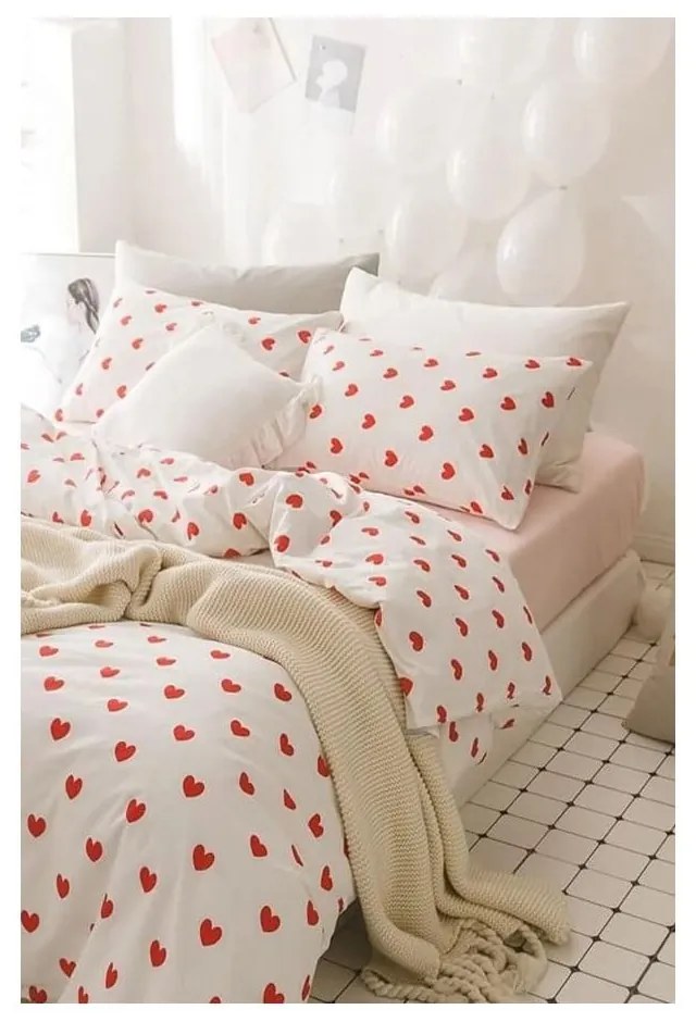 Кремаво двойно удължено спално бельо от памук Renforcé с включен долен чаршаф, 4 части 200x220 cm Mini Hearts – Mila Home