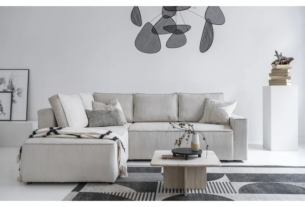 Бял разтегателен ъглов диван от рипсено кадифе (ляв ъгъл) Brave Dave – Miuform