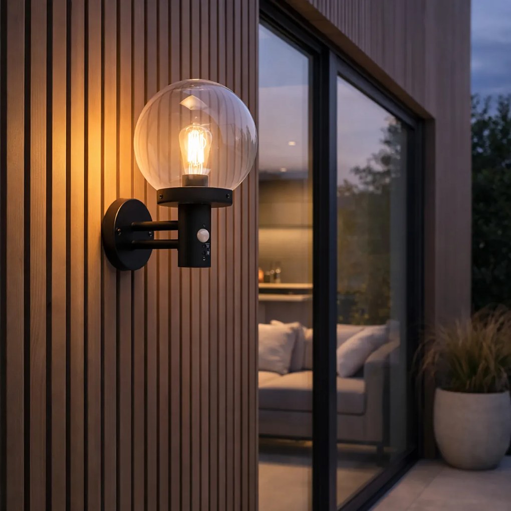 Външна стенна лампа черна с прозрачен абажур с детектор за движение - Sfera