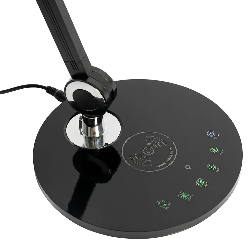 Дизайнерска настолна лампа черна с LED с докосване и индукционно зарядно - Don