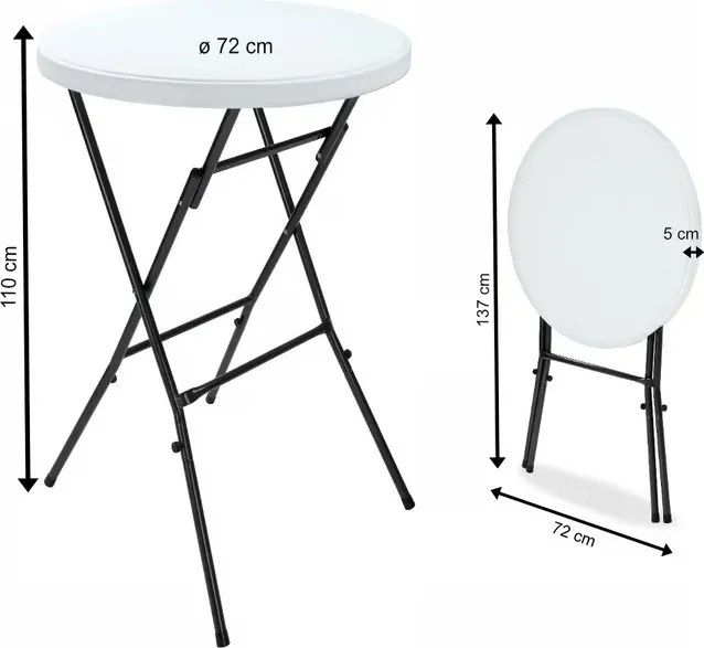 Сгъваема стояща бар маса Ø72 cm - бяла, височина 110 cm