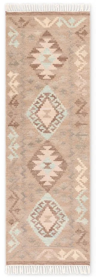 Светлосиня и бежова двустранна ръчно изработена вълнена пътека 60x190 cm Kamal Dune – Nouristan