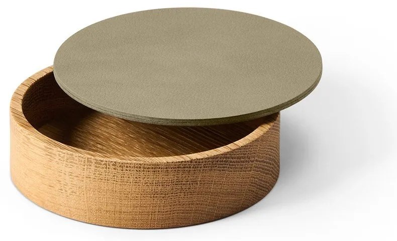 Дървена декоративна кутия за съхранение от еко кожа с капак в зелен и естествен цвят ø 11x3,5 cm Circle Nupo – LIND DNA