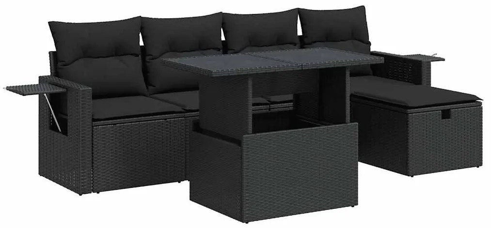 3327845 vidaXL Градински диван с възглавници, 6 части, черен, полиратан