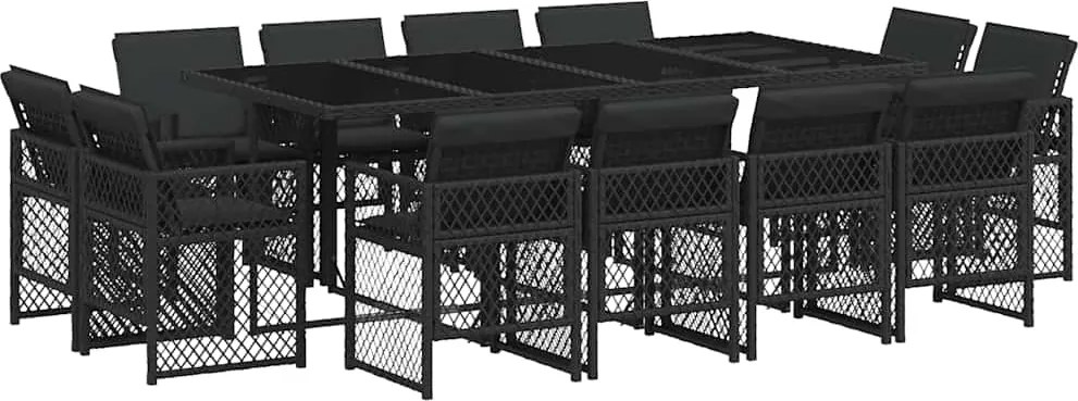 3210859 vidaXL Външен трапезен комплект 13 части с възглавници черен полиратан