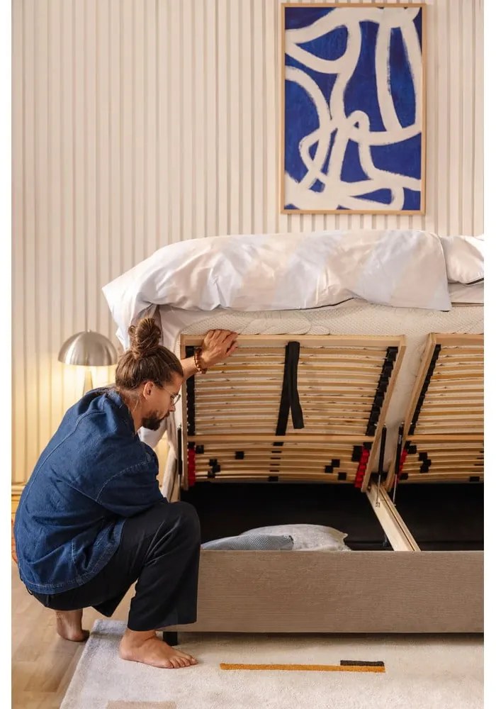 Тапицирано двойно легло в сиво с място за съхранение и матрак с решетка 160x200 cm Myra Pillow - Bonami Selection