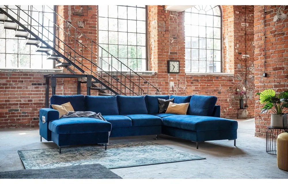 Морскосиньо кадифе, U-образен разтегателен диван, десен ъгъл Lofty Lilly - Miuform
