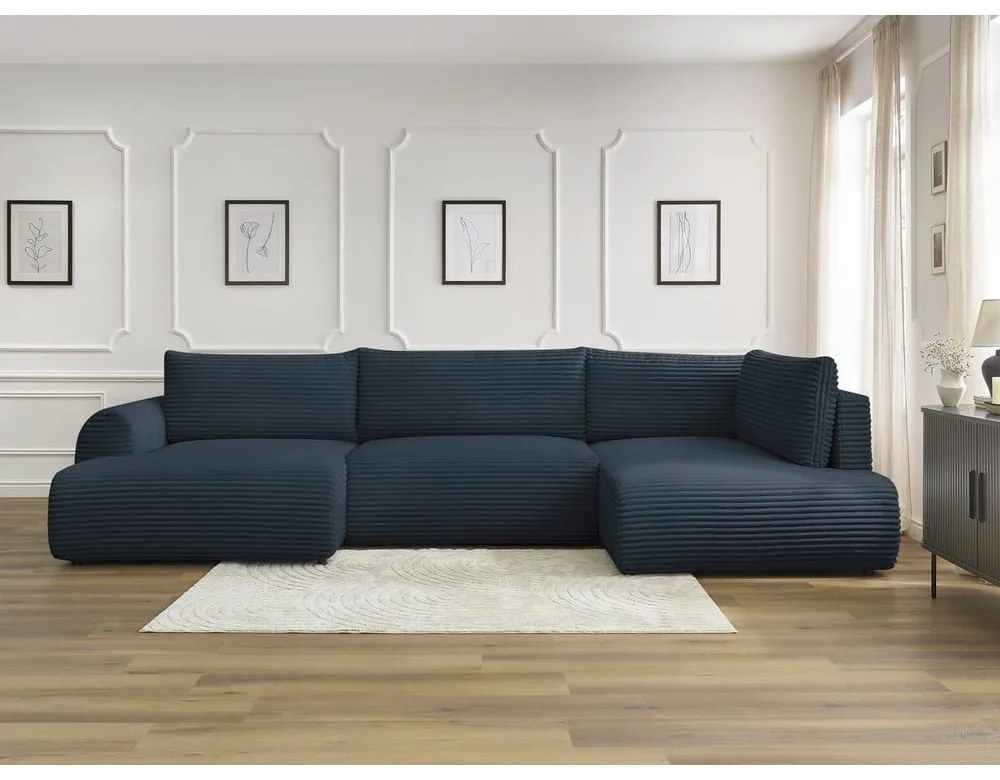 Тъмносин разтегателен ъглов диван от рипсено кадифе (ляв ъгъл/"U" форма) Lucien – Bobochic Paris